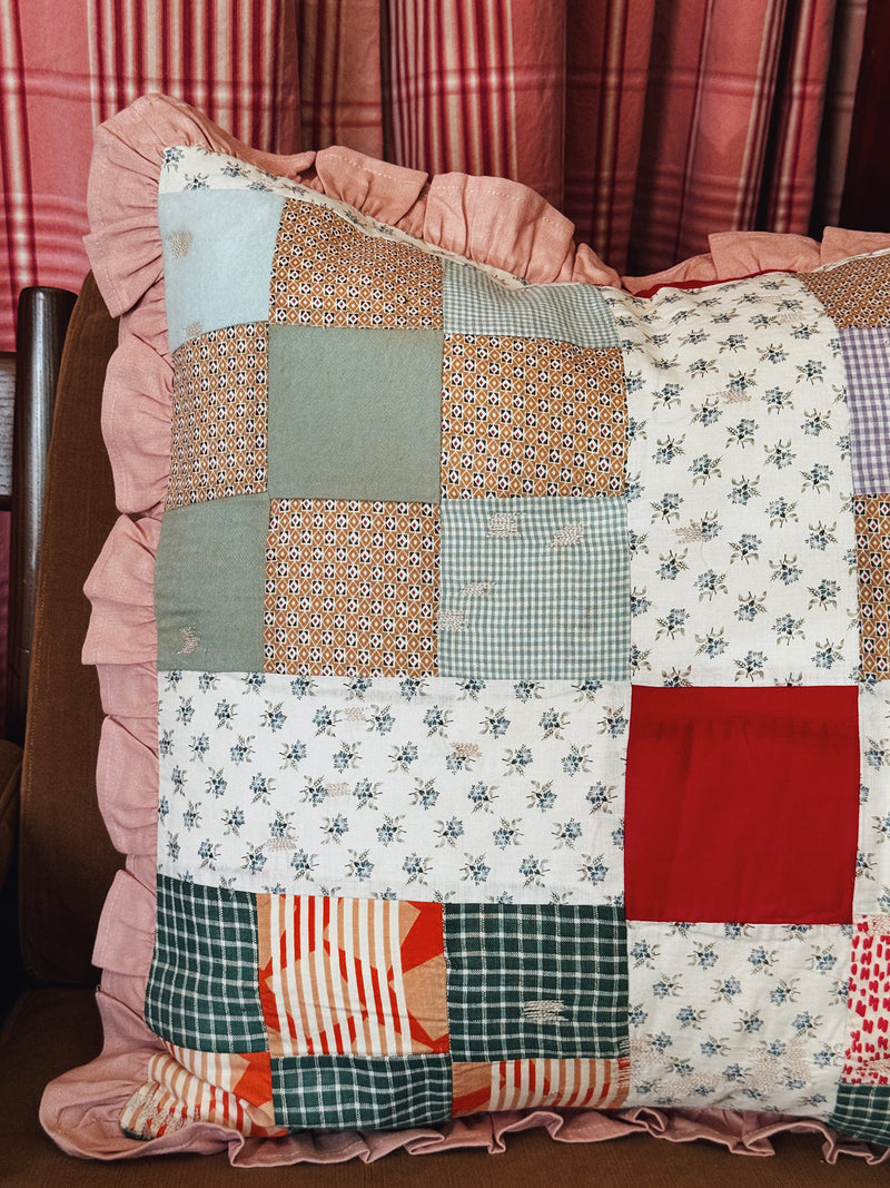 Patchwork Quilt Pillow Sham, Pink Ruffle