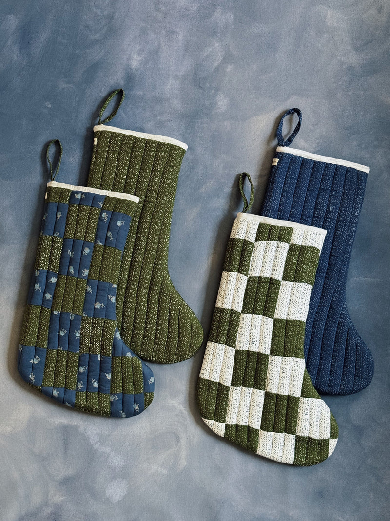 Quilted Stocking, Calico Stripe Blue