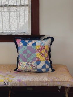 Patchwork Quilt Pillow Sham, Navy Blue Ruffle