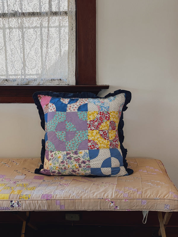 Patchwork Quilt Pillow Sham, Navy Blue Ruffle