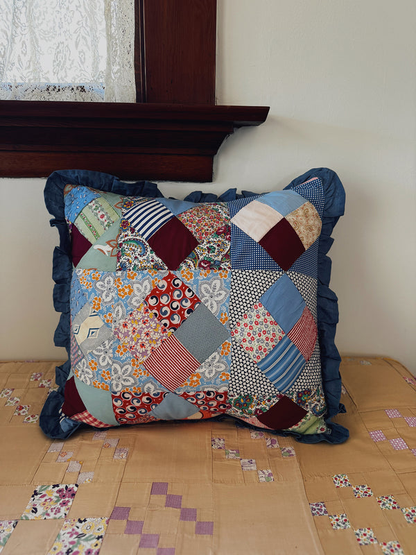 Patchwork Quilt Pillow Sham, Light Blue Ruffle